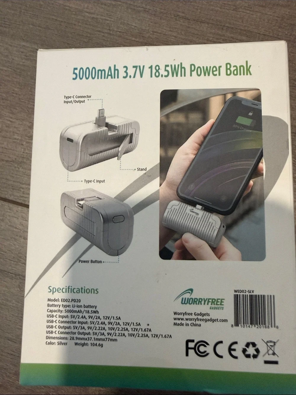 5000mAh Portable Power Bank USB C - Gray